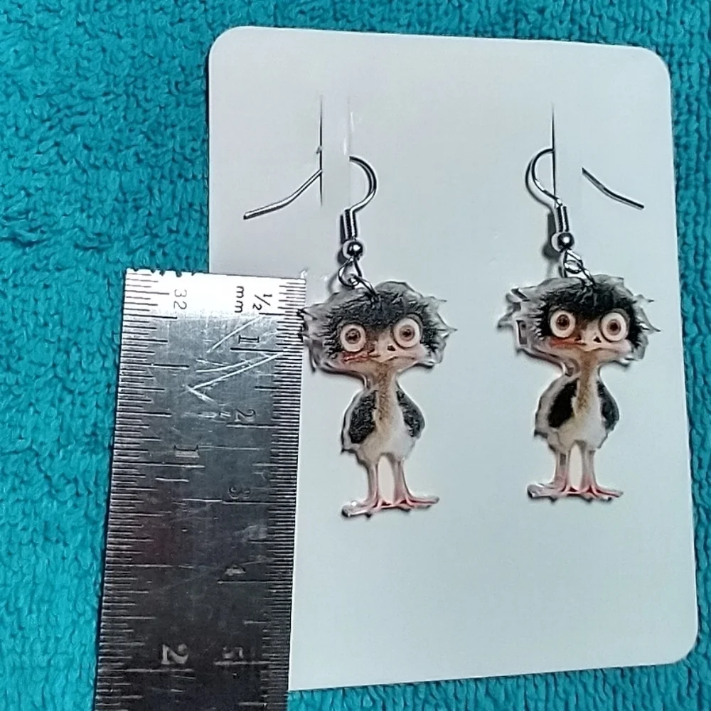 Funny baby bird wire dangle earrings black white brown
